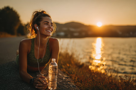 Fit female athlete is relaxing by the water during sunset, wearing sportswear and earbuds, with a water bottle beside her, embodying health and tranquilityの素材