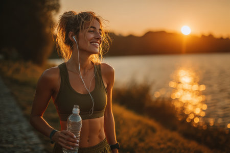 Fit female jogger, smiling and holding water bottle, enjoys sunset by lake, showcasing a healthy lifestyle and connection with nature in a peaceful environmentの素材