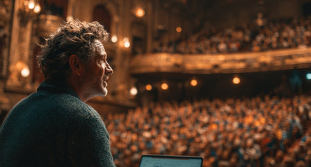 Male presenter with curly hair engages audience in ornate theater, showcasing dynamic speaking skills and captivating atmosphere, inspiring attendees with his messageの素材