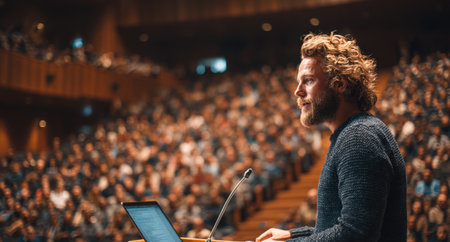 Male speaker in blue sweater passionately addresses a captivated audience in an auditorium, showcasing the energy and atmosphere of public speaking and engagementの素材