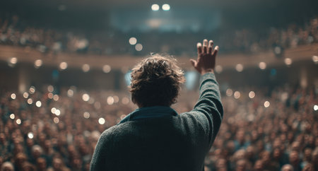 Male speaker with curly hair addresses a captivated audience in a spacious auditorium, illuminated by soft lights, fostering an inspiring and motivational environmentの素材