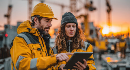 Construction workers, wearing safety gear, are collaborating on a tablet at a construction site with cranes and sunset in the background, highlighting teamwork and planningの素材