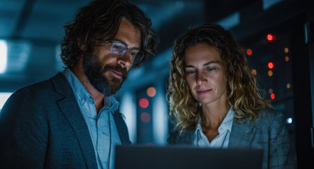 Business professionals engaged in collaborative work on a laptop in a contemporary office, highlighting teamwork, technology, and a dynamic work atmosphereの素材