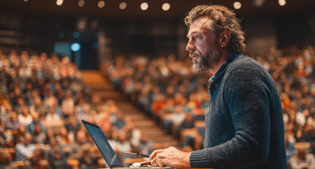 Bearded male presenter is delivering a speech at a conference, with an attentive audience in a modern auditorium, highlighting effective communication and engagementの素材