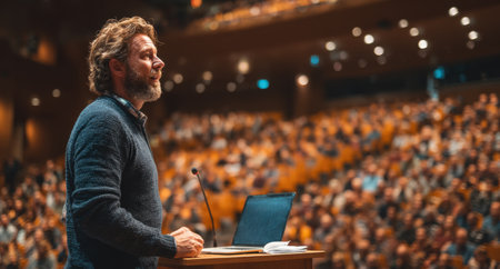Male presenter with curly hair addresses large audience from podium in a spacious auditorium, emphasizing effective communication and audience engagementの素材