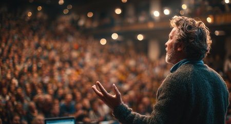 Charismatic speaker captivates a large audience in an auditorium, using expressive gestures and engaging body language to convey powerful messages and inspire connectionの素材