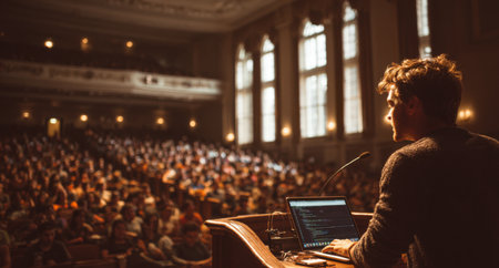 Male speaker delivers presentation in spacious auditorium, with attentive audience and advanced technology, highlighting effective communication and engagement techniquesの素材