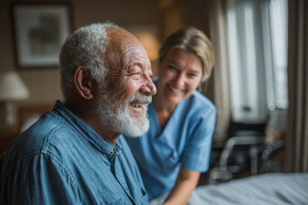 Joyful elderly man with gray beard is smiling while being cared for by a female nurse in a cozy room, highlighting warmth and compassion in healthcare environmentsの素材