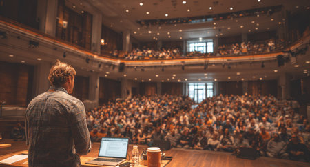 Individual addressing a packed auditorium, with attentive audience members in the background, creating an inspiring and dynamic public speaking environmentの素材