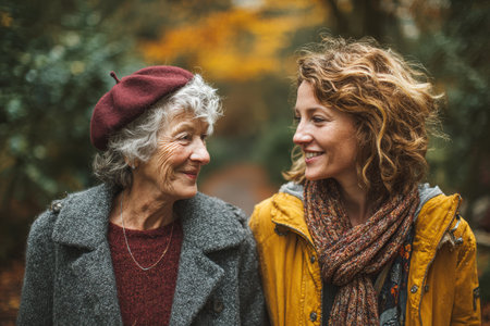 Smiling elderly woman in beret walks with her daughter in vibrant autumn forest, surrounded by colorful leaves, highlighting their close relationship and joyful momentの素材