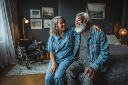 Female healthcare professional and elderly man share a warm smile in a comfortable room, highlighting the importance of companionship and care in a supportive environmentの素材