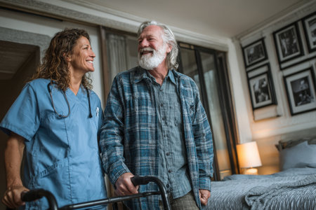 Healthcare worker supports senior man with walker in a warm room, filled with natural light and personal touches, emphasizing care and companionshipの素材