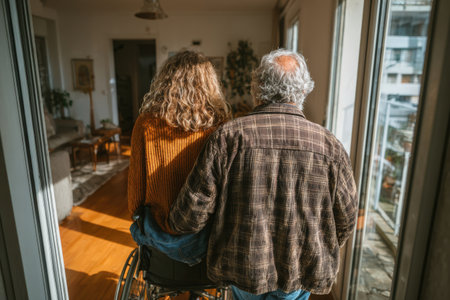 Young woman in wheelchair is accompanied by elderly man, both enjoying sunlight in a cozy indoor space, highlighting their bond and shared momentsの素材