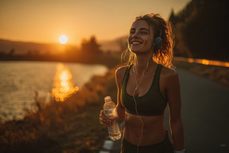 Joyful female jogger enjoys a sunset run by a tranquil lake, wearing headphones and holding a water bottle, embodying health and happiness in natureの素材