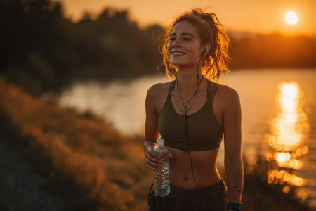 Female athlete with curly hair, smiling by the water, holding a water bottle, during a beautiful sunset, capturing a moment of joy and vitality in natureの素材