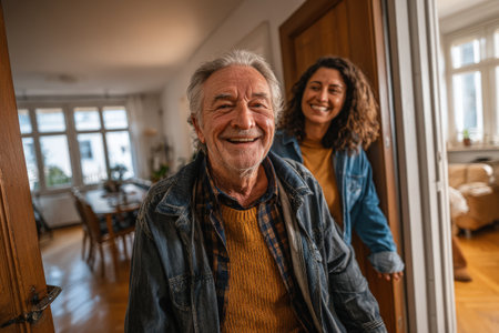 Happy senior man and smiling woman greet each other in doorway, creating a warm family reunion atmosphere in a cozy home with inviting interior designの素材