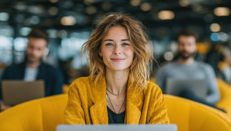 Female professional with wavy hair is focused on her laptop in a vibrant coworking environment, surrounded by colleagues engaged in their work, showcasing a collaborative atmosphereの素材