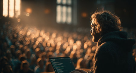 Male presenter with curly hair addresses a captivated audience in a warmly lit venue, sharing insights on technology and innovation, creating an engaging atmosphereの素材
