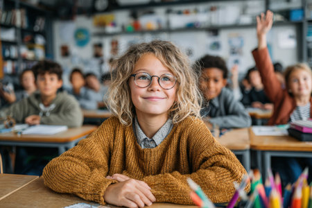Confident girl with curly hair and glasses sits at a desk in a lively classroom, surrounded by attentive classmates, highlighting the joy of learning and collaborationの素材
