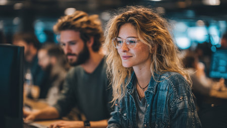Woman with curly hair and glasses is intently working on a computer in a vibrant office space, with colleagues collaborating in the background, showcasing teamwork and productivityの素材