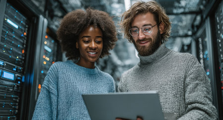 Two professionals, an African American woman and a Caucasian man, are engaged in a collaborative task with a tablet in a server room filled with technology and equipmentの素材