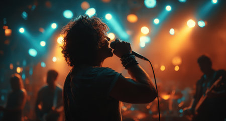 Male vocalist with curly hair is singing on stage, surrounded by colorful lights and band members, capturing the excitement of a live music performanceの素材