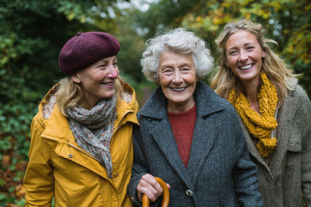Group of three women, including an elderly woman with gray hair, enjoying time together in a vibrant park, surrounded by greenery and autumn colorsの素材