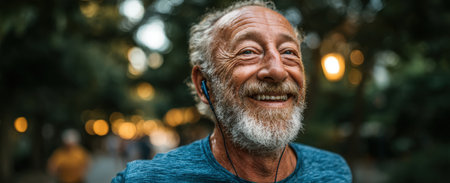Happy senior man, wearing headphones, jogging in a park, surrounded by trees and warm evening light, enjoying music and embracing an active lifestyleの素材