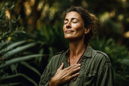 Female figure stands peacefully in vibrant foliage, eyes closed, hand on heart, radiating calmness and harmony with nature, showcasing a moment of reflection and serenityの素材