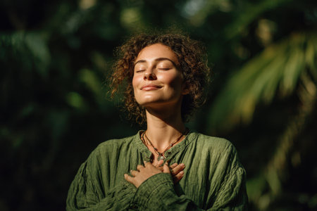 Female with curly hair, dressed in green, stands in a vibrant natural setting, eyes closed, radiating calmness and harmony, showcasing a moment of inner peaceの素材