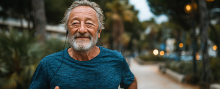Elderly man with gray beard is jogging in a park, wearing blue athletic attire, surrounded by greenery and urban scenery, promoting health and vitalityの素材