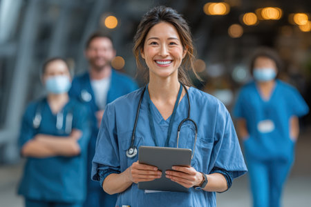 Female medical professional in blue scrubs smiles while holding tablet, surrounded by fellow healthcare workers in scrubs, emphasizing collaboration and care in a clinical settingの素材