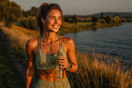 Athletic female is jogging by a river, holding a water bottle, with golden sunlight illuminating her face and surrounding nature, showcasing a healthy lifestyleの素材