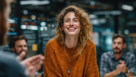 Happy woman with curly hair, dressed in an orange sweater, is interacting with colleagues in a contemporary office, highlighting teamwork and positive atmosphereの素材