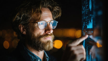 Male professional with glasses engages with a digital interface, surrounded by city lights, highlighting the fusion of technology and urban ambiance in a contemporary environmentの素材