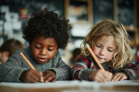 Two children, one African American and one Caucasian, are focused on drawing at a classroom table, surrounded by colorful materials and a lively educational atmosphereの素材