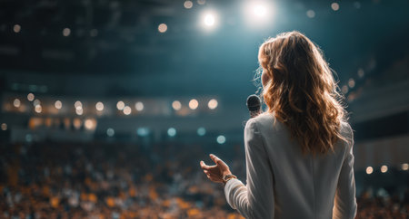 Woman with long hair addresses a captivated audience from the stage, holding a microphone, creating an engaging atmosphere at a professional conferenceの素材