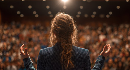 Woman with long hair in a blue jacket passionately speaks to a captivated audience in a spacious auditorium, creating an inspiring atmosphere for communicationの素材