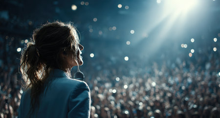 Woman vocalist captivating audience during live performance, surrounded by bright lights and enthusiastic fans, creating a dynamic and lively concert experienceの素材