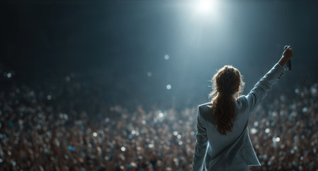 Female vocalist in a blue suit raises microphone on stage, surrounded by enthusiastic audience, bright lights creating an electrifying atmosphere of a concertの素材