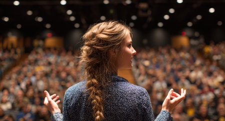 Female speaker with braided hair captivates audience in auditorium, demonstrating effective communication and leadership skills while engaging with listenersの素材