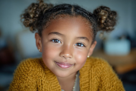 Cheerful young girl with curly hair in playful buns, dressed in a cozy yellow sweater, radiates happiness in a softly lit indoor setting filled with warmthの素材