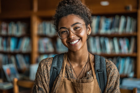 Smiling young woman with curly hair and glasses, wearing an apron, stands in a library filled with books and study materials, creating an inviting environmentの素材