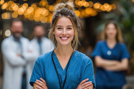 Confident woman in blue scrubs smiles warmly, arms crossed, with colleagues in the background, creating a supportive atmosphere in a healthcare settingの素材