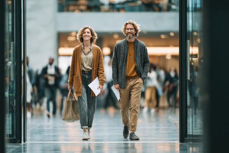 Fashionable couple strolls through a bustling shopping mall, surrounded by a lively crowd, embodying modern urban lifestyle and connection in a vibrant settingの素材
