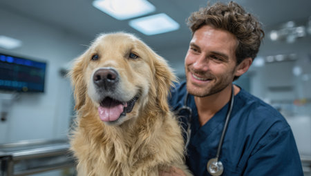Male veterinary professional is happily interacting with golden retriever dog in a well-equipped clinic, highlighting the bond between animals and caregivers in a nurturing environmentの素材