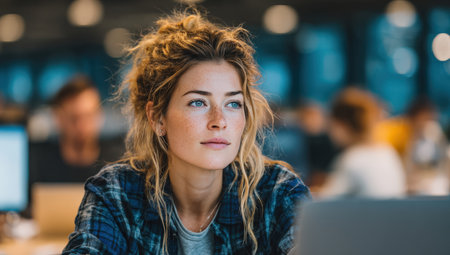 Female professional with blonde hair, is intently working on laptop in a contemporary office environment, with colleagues collaborating in the background, showcasing productivity and teamworkの素材