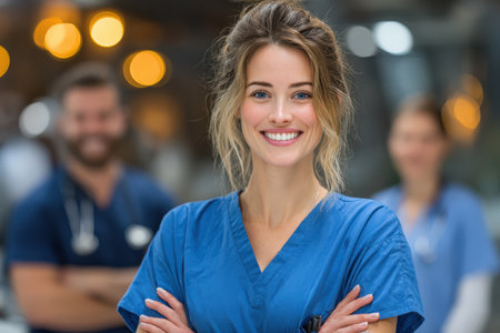 Confident female healthcare worker in blue scrubs stands with arms crossed, embodying professionalism and teamwork in a contemporary medical setting with colleagues nearbyの素材