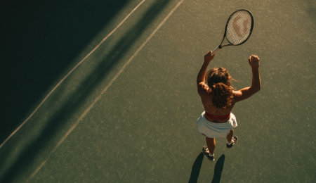Athletic woman with curly hair is poised to serve on a tennis court, illuminated by sunlight, capturing the energy and focus of competitive sportsの素材