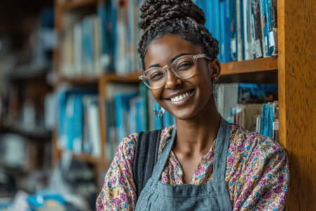 Smiling female librarian, wearing glasses and an apron, stands in a library filled with books, creating a welcoming environment for readers and learnersの素材